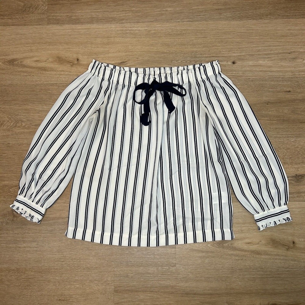 J Crew Mercantile Women XXS Blouse Ivory Blue Stripe Off Shoulder Sailor Bow Top